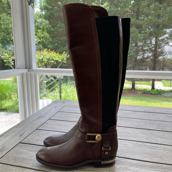 Vince Camuto Pearley Wide Calf  Brown Leather Equestrian Riding Boots Size 7.5 - Picture 1 of 9